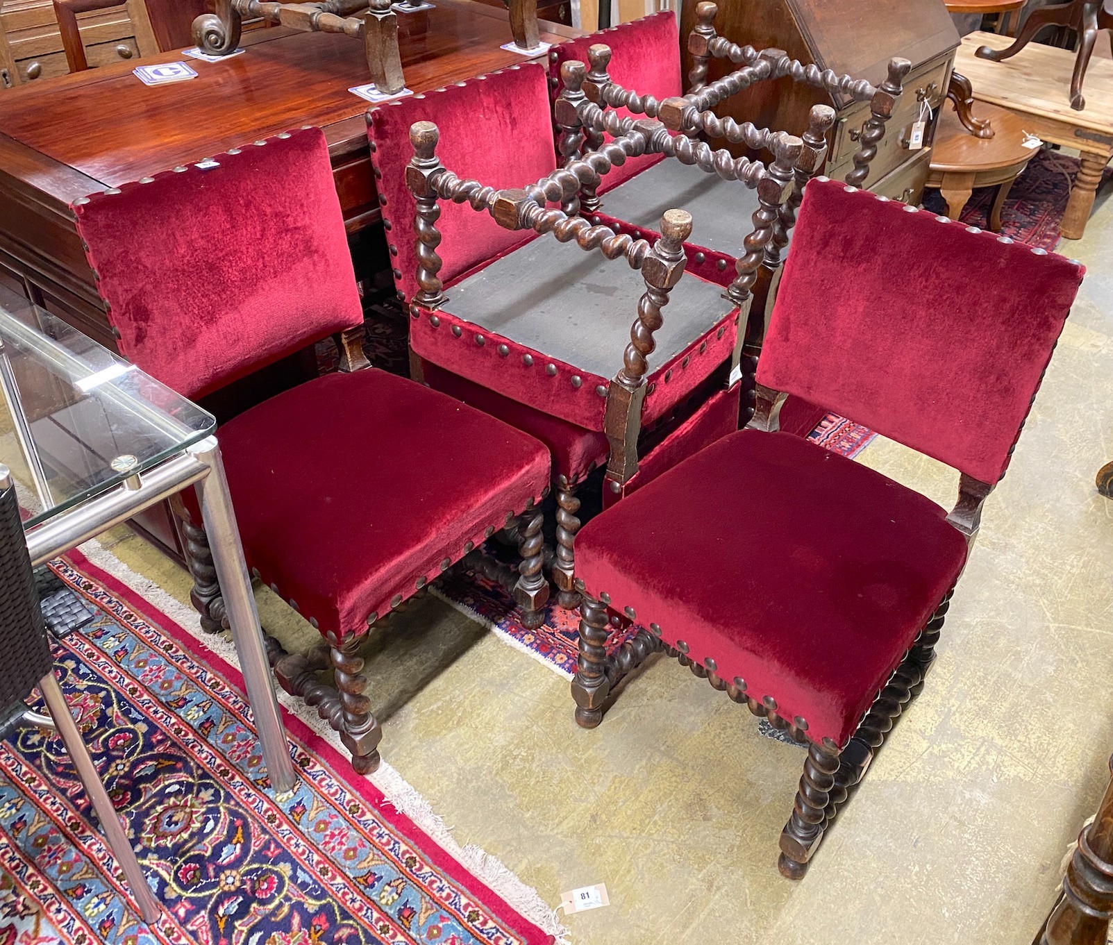 A set of six Cromwellian style oak barley twist chairs, width 42cm, depth 47cm, height 90cm